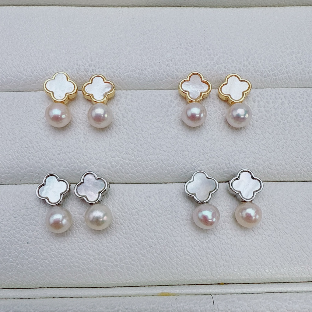 25bfe4 Handmade Freshwater Baby Pearl Mop Clover Studs Earrings S925 Post 999$